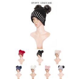 24 Wholesale Women Winter Cable Knit Fleece Lined Warm Pom Pom Beanie Hat