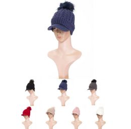 36 Pieces Womens Soft Warm Ribbed Knit Visor Brim Pom Pom Beanie Hat With Plush Lining - Winter Hats