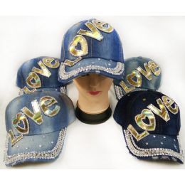 48 Wholesale Wholesale Strapback Denim Hat With Golden Love Rhinestone Hat