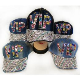 48 Wholesale Wholesale Strapback Denim Hat With Large Vip Rhinestone Hat