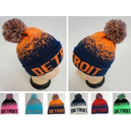 48 Wholesale Wholesale Knitted Pompom "detroit"winter Beanie Hats