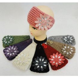 48 Wholesale Wholesale Knitted Headbands Solid Color Flower With Rhinestones