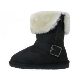 24 Wholesale Girl's 7 1/2 Inches Micro Suede Foldover Boots With Faux Fur Lining And Side Zipper In Black