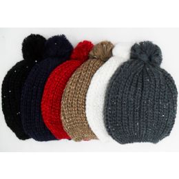 72 Pieces Ski Hat W. Sequin & Pom Pom - Winter Beanie Hats