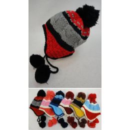 36 Units of Kid's FleecE-Lined Knit Cap With Ear Flap & Pompom [tricolor] - Junior / Kids Winter Hats