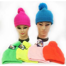 36 Pieces Wholesale Knitted Neon Color Unisex Winter Pompom Hats - Fashion Winter Hats