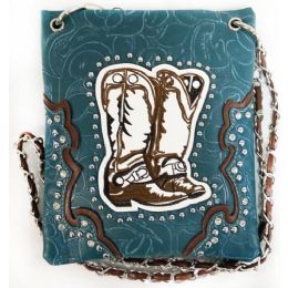 10 Wholesale Wholesale Cowboy Boots Embroidery Studded Phone Purse Turquoise