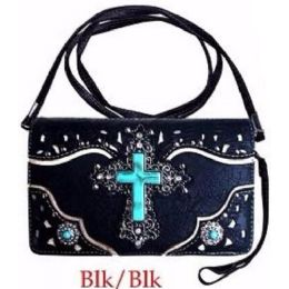 10 Wholesale Wholesale Rhinestone Cross With Turquoise Center Wallet Purse Blk