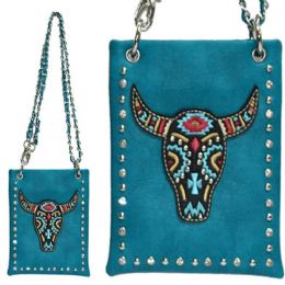 10 Wholesale Wholesale Rhinestone Aztec Style Bull Head Phone Purse Turquoise