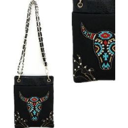 10 Wholesale Wholesale Studded Phone Purse With Aztec Style Bull Head Black