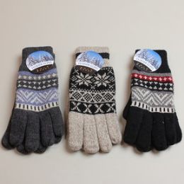 24 Pairs Mens Gloves - Wool Blend Jaquard Winter - Knitted Stretch Gloves