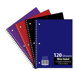 36 Wholesale Notebook 3 Subject 10.5 X 8 Inch 120 Sheets Wide Ruled Assorted Color Covers