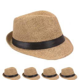 24 Wholesale Fashion Straw Fedora Hat Brown With Black Band
