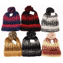 36 Pieces Ladies Knit Ski Hat With Fur Lining & Pompom - Winter Beanie Hats