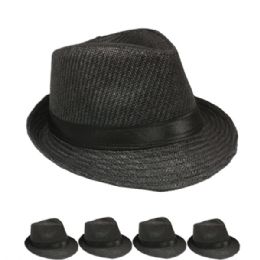 24 Wholesale Black Straw Trilby Fedora Hat Set With Ribbon Band