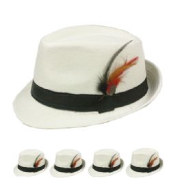 24 Pieces Blank Banded White Trilby Fedora Hat With Featherr - Fedoras, Driver Caps & Visor