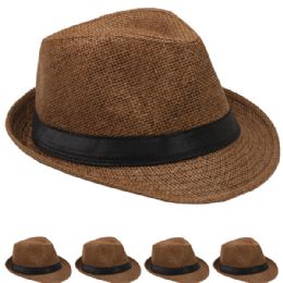 24 Wholesale Classic Toyo Straw Trilby Fedora Hat Coffee Color
