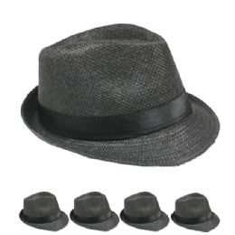 24 Wholesale Classic Toyo Straw Trilby Fedora Hat Black Color