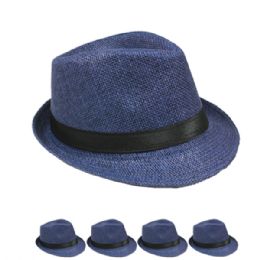 24 Wholesale Classic Blue Color Toyo Straw Trilby Fedora Hat