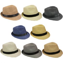 72 Wholesale Assorted Color Straw Fedora Hat With Black Band
