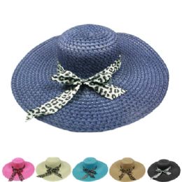 24 Wholesale Women's Solid Color Summer Hat With Animal Printed Bow
