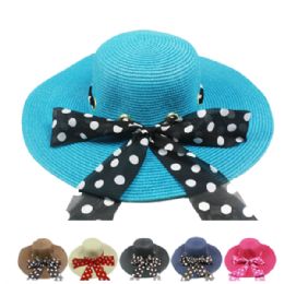 24 Wholesale Womans Solid Color Summer Hat With Polka Dot Bow