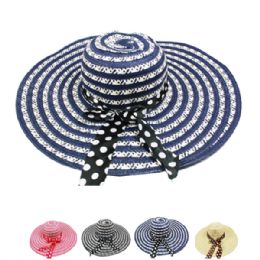72 Wholesale Womans Striped Summer Hat With Polka Dot Bow