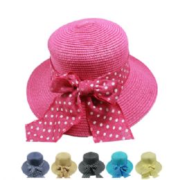72 Pieces Womans Summer Hat In Solid Color With Polka Dot Bow Assorted - Sun Hats