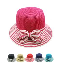 24 Pieces Womans Summer Hat With Striped Bow And Brim Assorted - Sun Hats