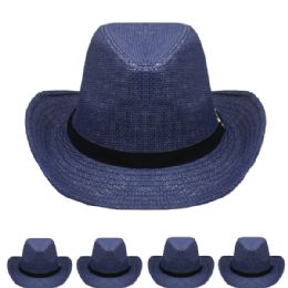 24 Wholesale Blue Paper Straw Banded Unisex Western Cowboy Hat