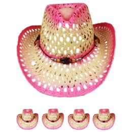 24 Wholesale Hollow Breathable Straw Beaded Band Pink Cowboy Hat