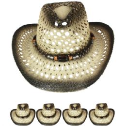 24 of Hollow Breathable Straw Beaded Band Shaded Cowboy Hat