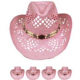 24 Wholesale Exotic Pink Hollow Straw Beaded Band Beach Cowboy Hat