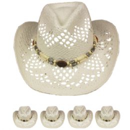 24 Pieces White Hollow Straw Beaded Band Beach Cowboy Hat - Cowboy & Boonie Hat
