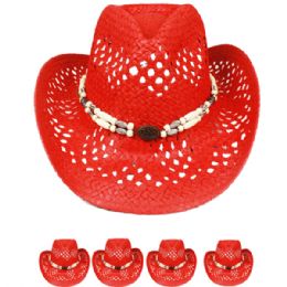 24 Pieces Hot Red Hollow Straw Beaded Band Beach Cowboy - Cowboy & Boonie Hat