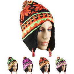 24 Wholesale Winter Neon Color Hats With Pom Pom Assorted