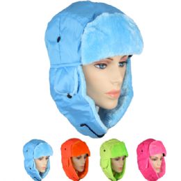 36 Wholesale Assorted Neon Color Winter Pilot Hat With Faux Fur Lining And Strap