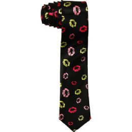 72 Pieces Men's Slim Black Tie With Colorful Lip Print - Neckties