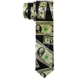 72 Pieces Men's Slim Black Tie With Dollar Bill Print - Neckties