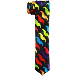 48 Pieces Men's Slim Black Tie With Color Mustaches 168 - Neckties