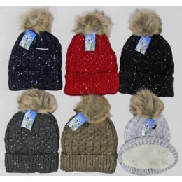 48 Pieces Knit Ski HaT-Fur Lining, Fur Pompom - Winter Beanie Hats