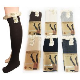 12 Pairs Wholesale Long Over The Knee Stocking Button Lace Trim Assorted - Womens Knee Highs
