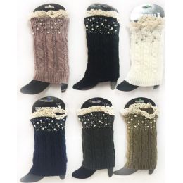 12 Wholesale Wholesale Knitted Rhinestone Boot Topper With Crochet Top Assorte