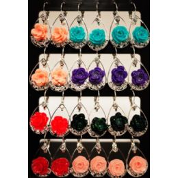 48 Pieces Wholesale Flower Shaped Dangling Earrings 12 Pairs Assorted Color - Earrings