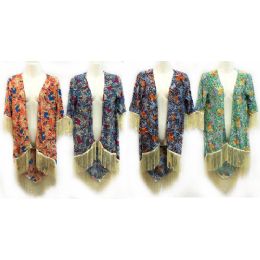 12 Wholesale Multicolor Flower Print Coverup With Fringes