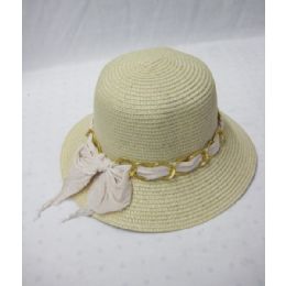 24 Wholesale Straw Summer Ladies With Chain And Pulled Through Ribbon