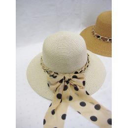 24 Pieces Straw Summer Ladies Sun Hat With Polka Dot Ribbon - Sun Hats
