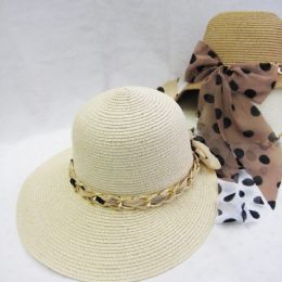 24 Wholesale Straw Summer Ladies Sun Hat With Polka Dot Ribbon