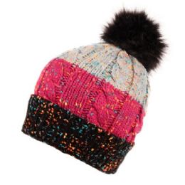 24 Pieces Multi Color Knit Beanie W/pom Pom & Sherpa Lining - Fashion Winter Hats