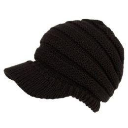 24 Pieces Ribbed Cable Knit Beanie W/visor Brim In Black - Fashion Winter Hats